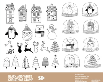 Black and white Christmas clipart bundle, Santa clip art, Christmas tree digital stamp, house illustration. Png Jpeg SVG DXF EPS. Commercial