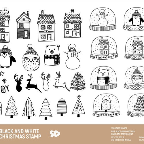 Christmas Black and White Clipart Gnome Doodle Clip Art - Etsy