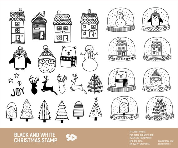 Black and white Christmas clipart bundle, Santa clip art, Christmas tree digital stamp, house illustration. Png Jpeg SVG DXF EPS. Commercial