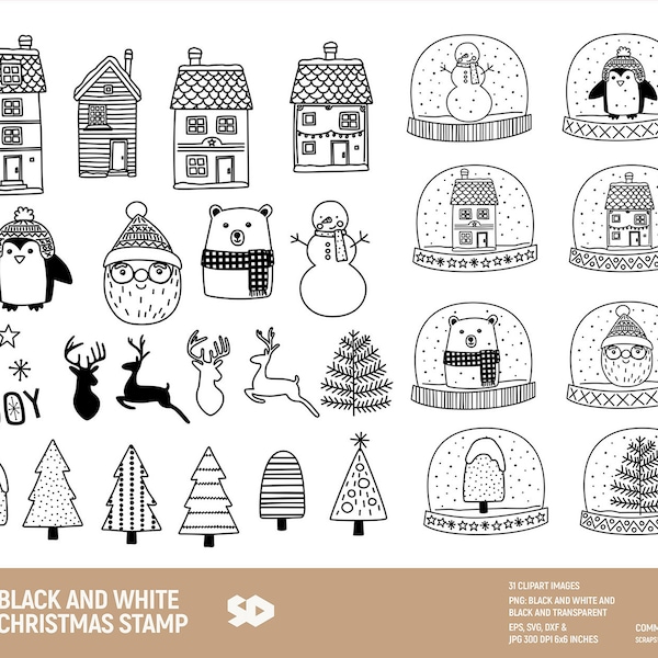 Black and white Christmas clipart bundle, Santa clip art, Christmas tree digital stamp, house illustration. Png Jpeg SVG DXF EPS. Commercial