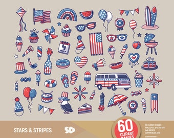 Stars and stripes clipart, 4th of July stickers, Fourth of July draw, Independence Day printable, Patriotic illustration. Commercial use.