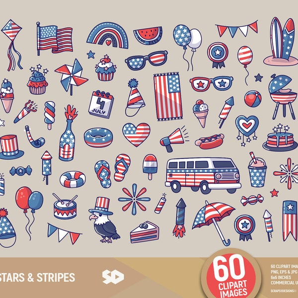 Stars and stripes clipart, 4th of July stickers, Fourth of July draw, Independence Day printable, Patriotic illustration. Commercial use.