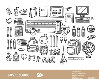 Back to school clipart bundle, teacher clip art, classroom stamp, backpack books bus pencil doodle. Png Jpeg SVG DXF EPS. Commercial use.