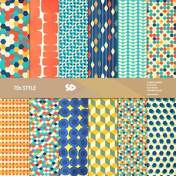 Retro digital paper pack, mid-century scrapbook pages, scrapbooking patterns, 70, 70s, 1970, geometric ,vintage background. Commercial use.