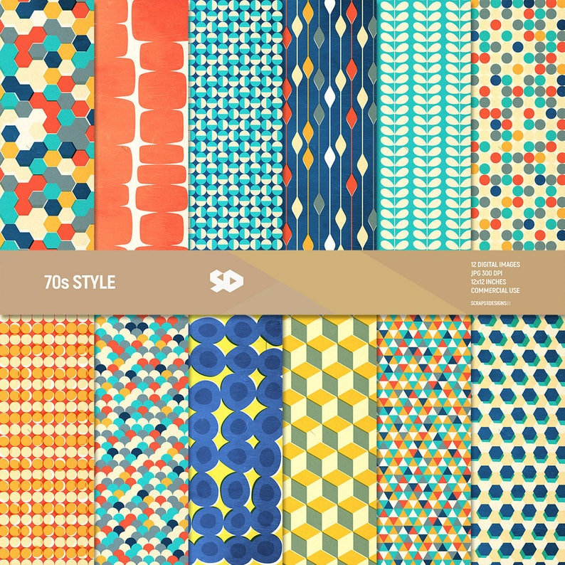 May include: Twelve digital paper patterns in a 70s style with geometric designs in blue, yellow, orange, red, green, and white.
