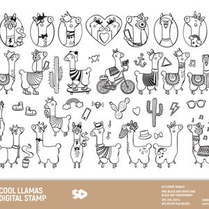 Lama Clipart Bundle, Kaktus Clip Art, Alpaka Digitalstempel, Hipster Unentschieden Boho Azteken Illustration. Datei: Png jpg dxf eps. Kommerzielle Nutzung.