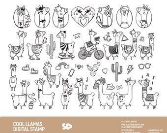 Lot de cliparts de lama cool, clipart de cactus, timbre numérique d'alpaga, illustration de dessin hipster boho aztèque. Png jpg svg dxf eps. Un usage commercial.