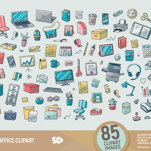 Office clipart. Work stationery clip art. Office supplies illustration. Planner, desktop items, laptop, washi Tape, notebook. Commercial use