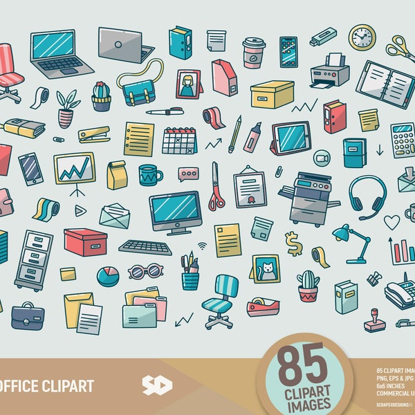 Clipart dell'ufficio. ClipArt di cancelleria da lavoro. Illustrazione di forniture per ufficio. Pianificatore, articoli da scrivania, laptop, nastro adesivo washi, taccuino. Uso commerciale