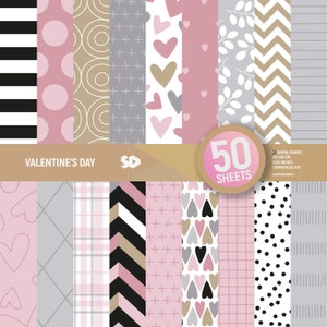 50 digitale Papierpaket zum Valentinstag. Romantische Muster Scrapbooking Seiten. Liebe Hintergrund Bundle Scrapbook Blätter zum Ausdrucken. Kommerziell