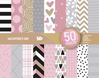 May include: A set of 50 digital Valentine's Day patterned papers in pink, gray, black, and gold. The papers are 12x12 inches and are for commercial use.