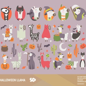 Clipart Lama Halloween, clipart cactus, dessin d'alpaga, image vectorielle citrouille imprimable, illustration Jack o lantern, aztèque. Utilisation commerciale.
