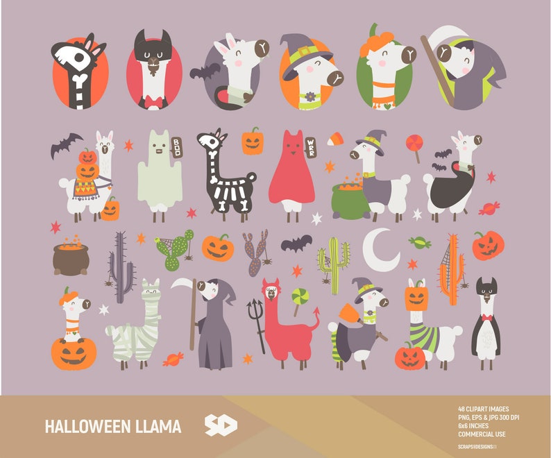 May include: A set of 48 Halloween-themed llama clipart images. The llamas are dressed in various costumes, including a skeleton, a ghost, a witch, a vampire, a devil, a mummy, and a grim reaper. There are also pumpkins, bats, and other Halloween decorations in the image.