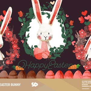 Imágenes prediseñadas de conejito de Pascua, imágenes prediseñadas de conejitos, imágenes prediseñadas de huevos, dibujo de flores, vector imprimible, ilustración de textura, hojas de zanahoria. Uso comercial