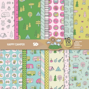 Fröhliche Camper Papier Pack, Camping Scrapbook Seiten, Reise Hintergrund, Lagerfeuer Wald Hintergrund, Sofort Download. Kommerzielle Nutzung.