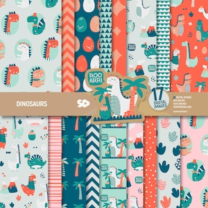 Pacote de papel digital de dinossauros, páginas de álbum de recortes de dinossauro, padrão de raptor T-rex, fundo de aniversário de crianças fofas, download instantâneo. Uso comercial.