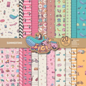 Sommerzeit digitales Papier. Reise Urlaub Scrapbooking Seiten, Urlaub Meer Hintergrund, Surf Strand Scrapbook Blätter Muster. Kommerzielle Nutzung.