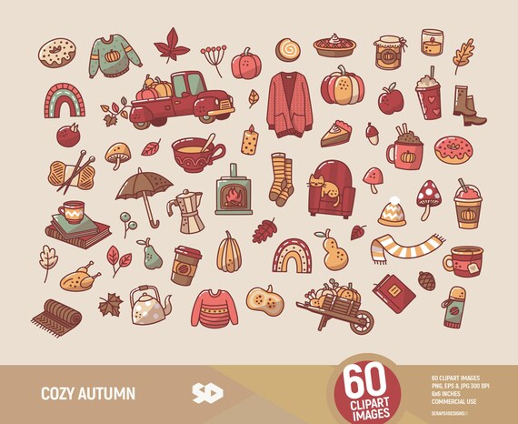 Cozy autumn clipart, warm fall clip art. Pumpkin food leaves pie coffee rainbow illustration. Rustic home sweet decor draw. Commercial use.