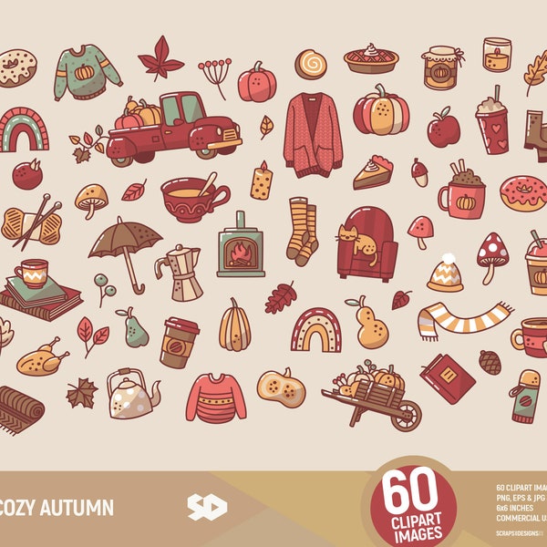 Cozy autumn clipart, warm fall clip art. Pumpkin food leaves pie coffee rainbow illustration. Rustic home sweet decor draw. Commercial use.