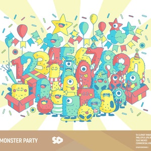Monster party clipart, children clip art, kids boys girls clipart, cartoon clipart. Birthday invitation. Vector graphics. Commercial use.
