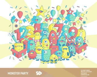 Monster party clipart, children clip art, kids boys girls clipart, cartoon clipart. Birthday invitation. Vector graphics. Commercial use.