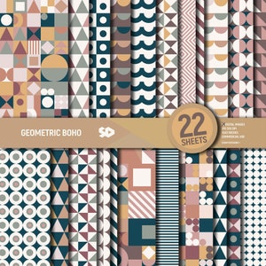 Geometrisches Boho Papier, abstraktes Scrapbook Papier, erdiges geometrisches Muster, Dreiecke Hintergrund, schicker Retro Stempel. Kommerzielle Nutzung