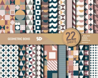 Geometrisch boho digitaal papierpakket, abstracte plakboekpagina's, aards geometriepatroon, driehoeken achtergrond, chique retro stempel. Commercieel gebruik