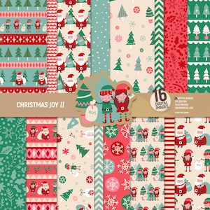 Paquete de papeles digitales "Alegría Navideña II", páginas para álbum de recortes de Papá Noel, estampado de árbol de Navidad, fondo de elfo, flores y copos de nieve. Uso comercial.