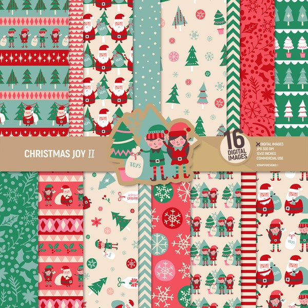 Pack de papier numérique Christmas joy II, pages d'album du Père Noël, motif d'arbre de Noël, fond d'elfe, floral, flocons de neige. Un usage commercial