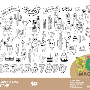 Party Lama Clipart Bundle, Kaktus Clip Art, Alpaka Digitalstempel, Geburtstag zeichnen Illustration Boho Aztek. Png jpg svg dxf eps Kommerzielle Nutzung