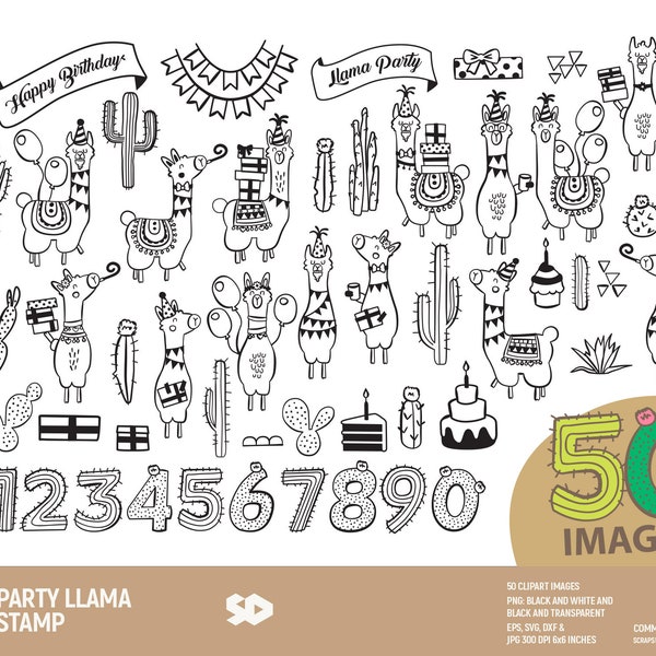 Party llama clipart bundle, cactus clip art, alpaca digital stamp, birthday draw illustration boho aztec. Png jpg svg dxf eps Commercial use