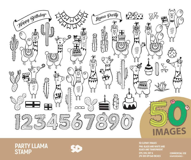 May include: Black and white party-themed clipart set featuring llamas, cacti, balloons, gifts, and birthday cake illustrations. Includes numbers 1-0 and banners with the text "Happy Birthday" and "Llama Party".