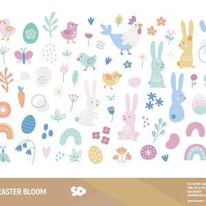 Pasen bloei clipart, clip art konijn, boho bloemen clipart, pastel vormen tekenen vector, lente illustratie, eieren konijn kuiken, commercieel gebruik