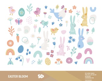 Easter bloom clipart, bunny clip art, boho floral clipart, pastel shapes draw vector, spring illustration, eggs rabbit chick, commercial use