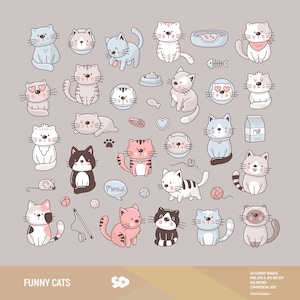 Funny cats clipart. Pets clip art. Animals illustration. Stickers, kitten, kitty, pets, pet, pussy ,draw vector graphics. Commercial use