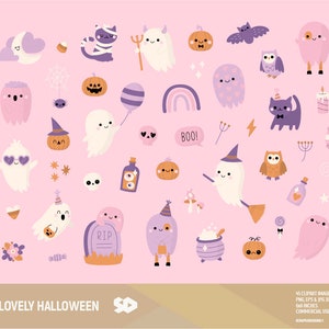 Preciosa imagen prediseñada de Halloween, imagen prediseñada de calabaza, truco o trato, otoño. Fantasmas, murciélagos, calaveras. Rosa femenino. Imprimible aterrador. Uso comercial.