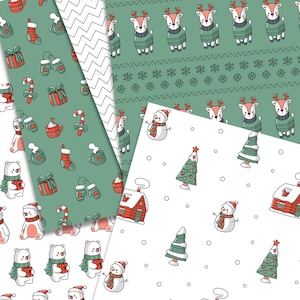 Red and green Christmas digital paper, Woodland scrapbook pages, animals bear Xmas pattern, winter forest background doodle. Commercial use. image 3