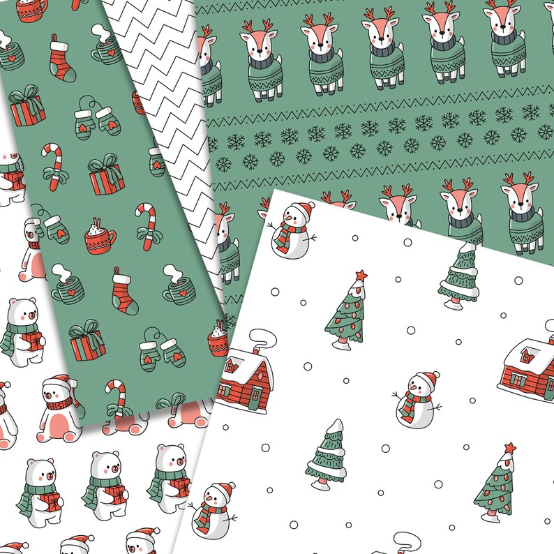 Red and green Christmas digital paper, Woodland scrapbook pages, animals bear Xmas pattern, winter forest background doodle. Commercial use. image 3