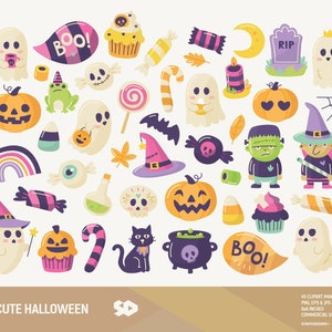 May include: A set of 45 colorful Halloween clip art images featuring ghosts, pumpkins, candy, witches, and other spooky characters. The images are perfect for creating Halloween-themed crafts, decorations, and party supplies.
