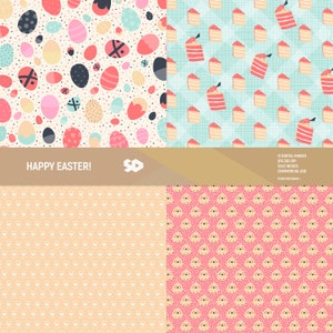 May include: A set of four digital paper patterns featuring Easter-themed designs. The patterns include pastel colored eggs, cake slices, and chicks. The text "HAPPY EASTER!" is included in the image.