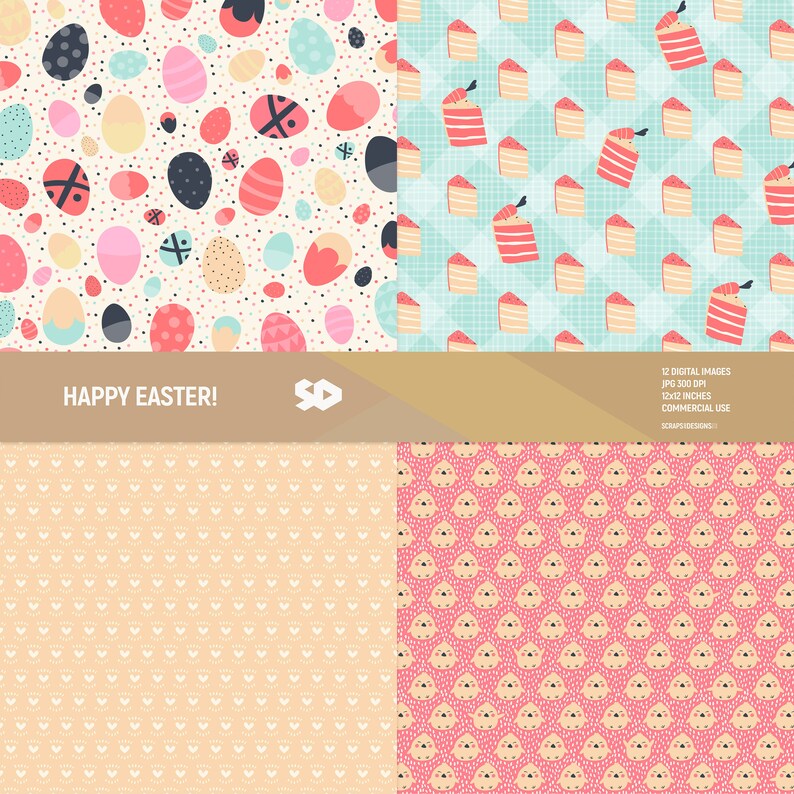 May include: A set of four digital paper patterns featuring Easter-themed designs. The patterns include pastel colored eggs, cake slices, and chicks. The text "HAPPY EASTER!" is included in the image.