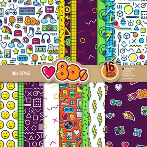 Pakiet papieru cyfrowego w stylu lat 80., strony do scrapbookingu retro, wzory do scrapbookingu memphis, 80, 1980, geometryczne tło vintage. Użytek komercyjny.