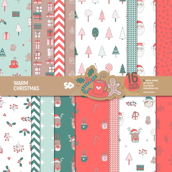 Warm Christmas digital paper, Santa scrapbook pages, Christmas tree pattern, Christmas cookies background, rudolf elf doodle. Commercial use