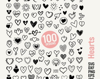 May include: A set of 100 black and white hand-drawn heart illustrations. The hearts are in various styles, including simple outlines, filled-in shapes, and hearts with decorative elements. The text "100 Designs" is in a pink circle in the centre of the image. The text "Hearts" is in a vertical column on the right side of the image, with the text "SVG, DXF, PNG, EPS, JPG" below it.