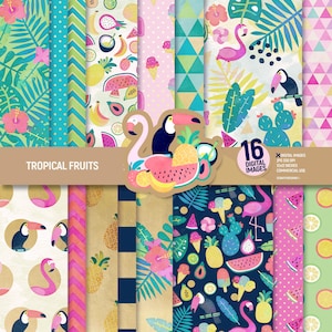Paquete de papel digital de frutas tropicales. Páginas de scrapbooking de flamencos, fondo veraniego, hojas de scrapbooking de tucán, patrón festivo. Uso comercial.