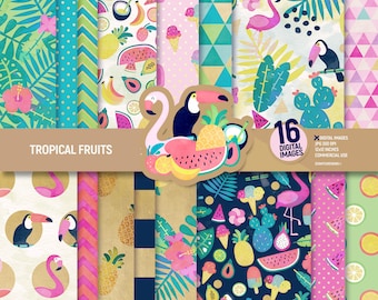 Tropical fruits digital paper pack. Flamingo scrapbooking pages, summer background toucan scrapbook sheets pattern holidays. Commercial use.