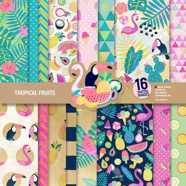 Tropical fruits digital paper pack. Flamingo scrapbooking pages, summer background toucan scrapbook sheets pattern holidays. Commercial use.