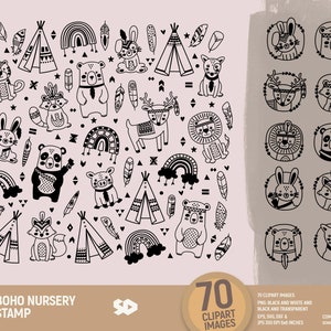 Bundle de cliparts bohèmes, clipart forêt, timbre numérique, animaux tribaux des bois, dessin illustration vectorielle. Png SVG DXF EPS Utilisation commerciale