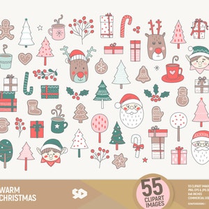 Warme kerst clipart, kerstman illustraties, kerstboom, kerstkoekjes tekenen, chocolade, rudolf elf vector, illustratie. Commercieel gebruik.