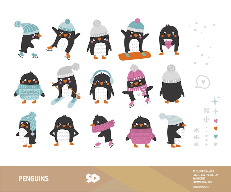 May include: A set of 34 penguin illustrations in various poses and wearing winter accessories, including hats, scarves, and headphones. The penguins are depicted in a cartoon style with bright colors and simple details. The illustrations are perfect for creating winter-themed crafts, cards, and other projects.